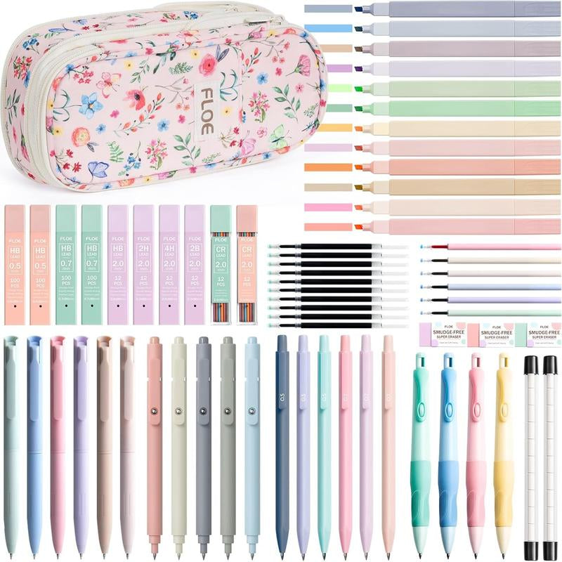 Aesthetic School Supplies with Cute Pencil Case, Pastel Highlighters Gel Pens Mechanical Pencils Set 0.5 0.7 & 2.0Mm, Office Back to School Supplies College Essentials Kit Student Stationary Set,Back to School Gift,Birthday'S Gift