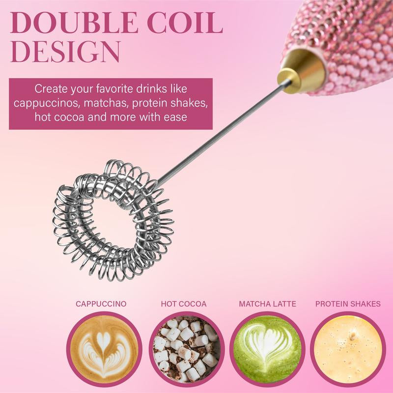 Paris Hilton Electric Milk Frother, Handheld Mixer with Rhinestone Handle, Battery Operated for Lattes, Matcha & More