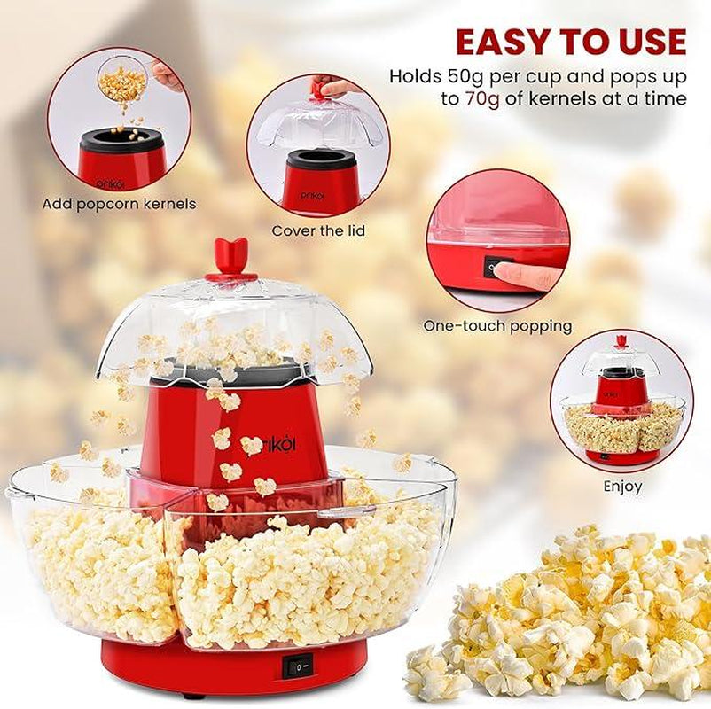 SUSTEAS American Hot Air Popcorn Machine - Electric Popcorn Maker with 4 Serving Bowls, Oil-Free, Efficient Hot Air System, Quick and Easy Clean