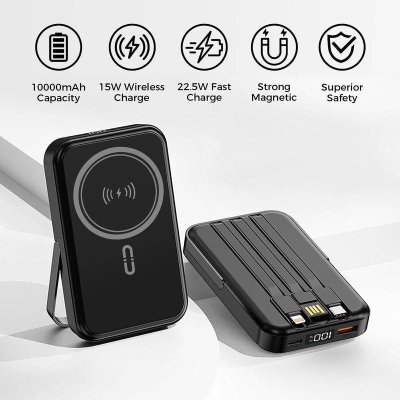 10000Mah Fast Charging Magnetic Power Bank W/ Stand and 3 Built-In Cables & Wireless Charging