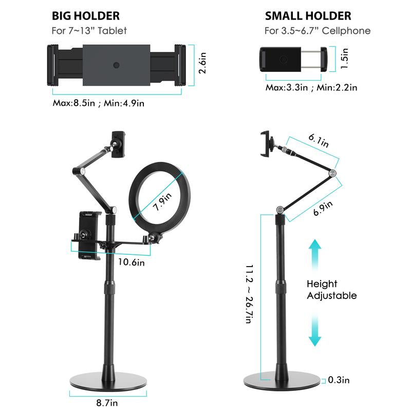 Viozon 3-In-1 Selfie Desktop Live Stand, Height Adjustable/Overhead, 8" LED Ring Light, Compatible with 3.5-13" Tablet& Phone, Suitable for Youtube/Tiktok/Recording/Streaming/Online Meeting 3In1 Phonestand Ipad Mounting Options Office Gadgets Mount