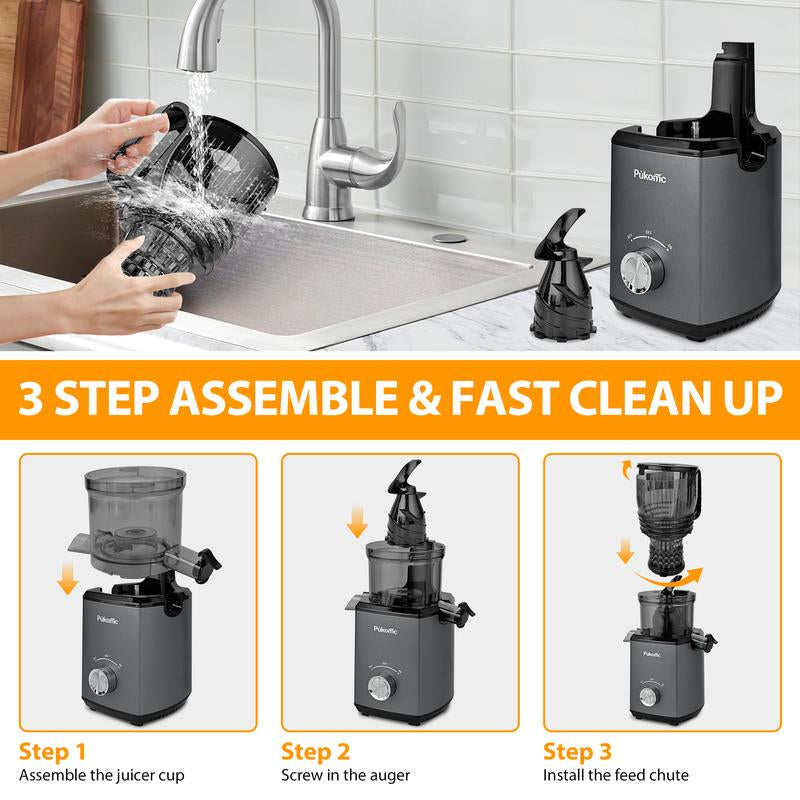 Pukomc 5.8" Wide Chute Cold Press Juicer with Auto Cut Mechanism High Yield Extraction Easy Lock System & 2 Cups for Fresh Whole Fruit Juices