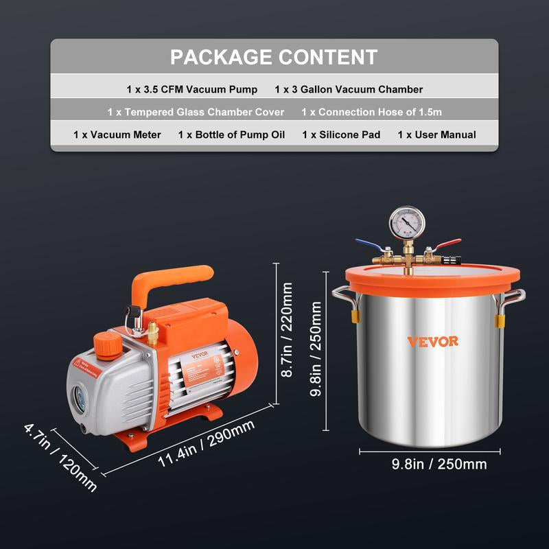 VEVOR 3 Gallon Vacuum Chamber and 3.5 CFM Pump Kit, Tempered Glass Lid Vacuum Degassing Chamber Kit, Single Stage Vacuum Pump with 250 Ml Oil Bottle, for Stabilizing Wood, Degassing Silicones, Epoxies