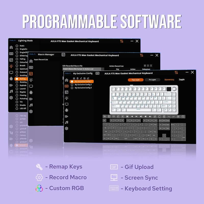 Aula F75 MAX Gasket-Mounted Hot- Swappable Wireless Mechanical Keyboard with TFT Screen and Knob, Gift for Friend, Gaming Accessories