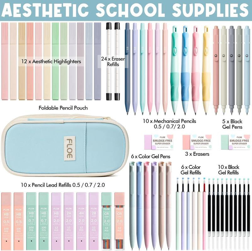 Aesthetic School Supplies with Cute Pencil Case, Pastel Highlighters Gel Pens Mechanical Pencils Set 0.5 0.7 & 2.0Mm, Office Back to School Supplies College Essentials Kit Student Stationary Set,Back to School Gift,Birthday'S Gift