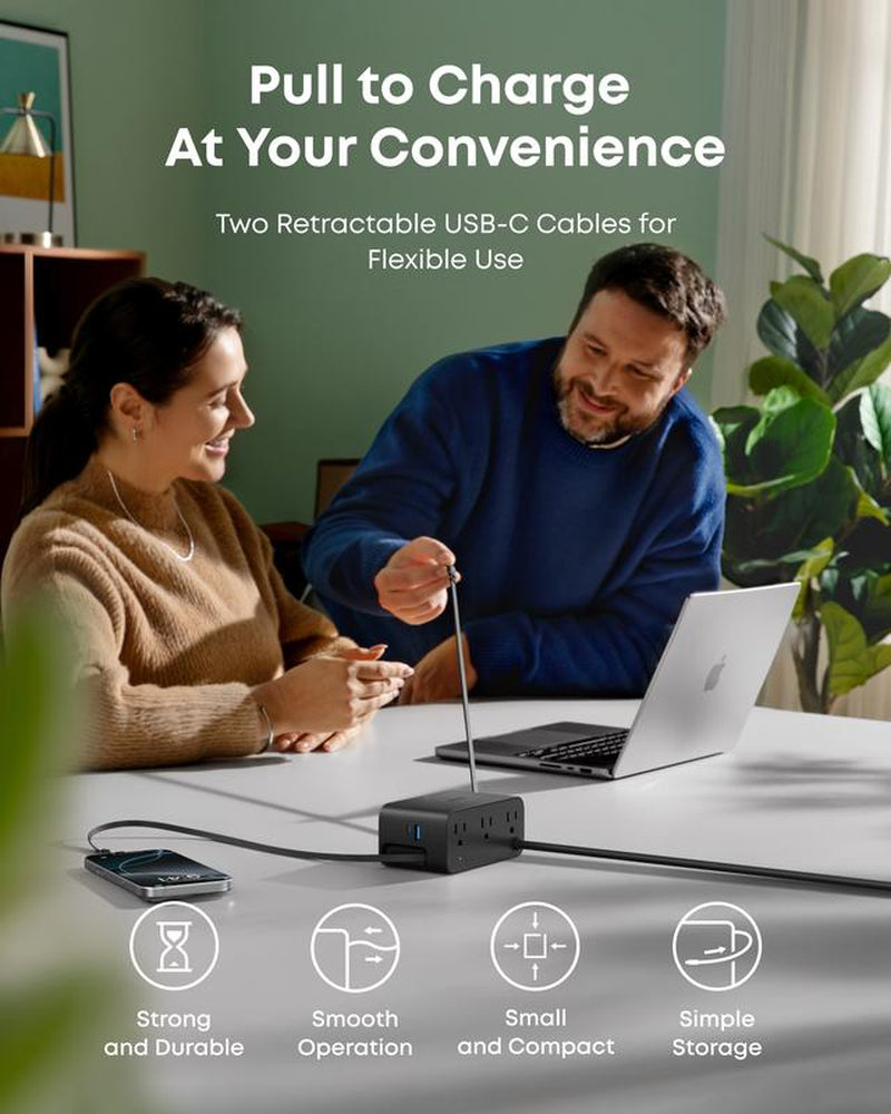 Anker Nano Charging Station, 7-In-1 USB-C Power Strip for Iphone 16, 2.3 Ft Anker Instacord Retractable Cable, 3 USB-C, 1 USB-A, 3 AC, 100W Fast Charging Desktop Accessory for Macbook, Home, Office