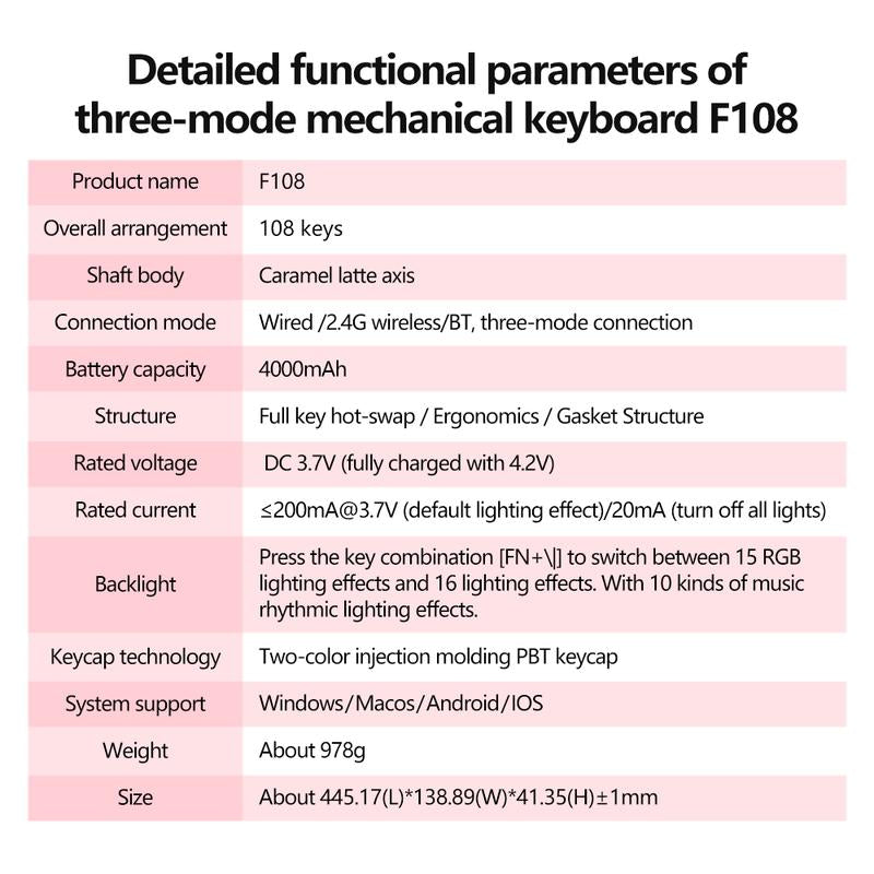 AULA F108 Three-Mode Mechanical Keyboard, 108-Key Full-Array, RGB Lighting Effect, Full-Key Hot Swap, Comfortable Keys Feel, Compatible with Windows/Mac/Ios System, Suitable for Computers, Notebooks, Mobile Phones, Daily Office or E-Sports Games.