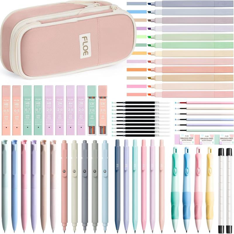 Aesthetic School Supplies with Cute Pencil Case, Pastel Highlighters Gel Pens Mechanical Pencils Set 0.5 0.7 & 2.0Mm, Office Back to School Supplies College Essentials Kit Student Stationary Set,Back to School Gift,Birthday'S Gift