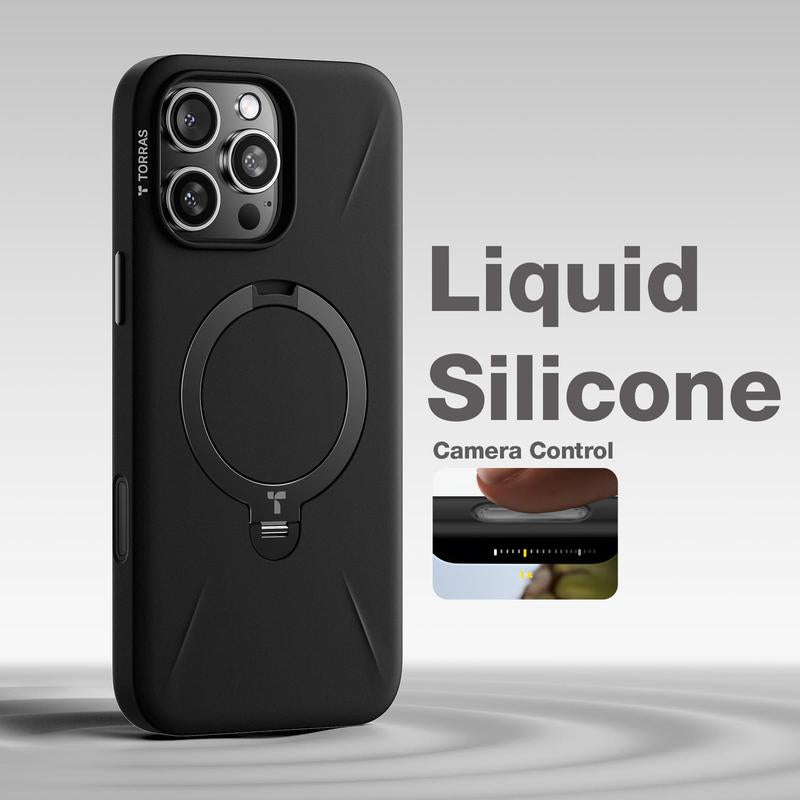 TORRAS Ostand Spin Fusion for Iphone 16 Pro Max Case Silicone with Stand, Fit for Magsafe, Camera Control, Liquid Silicone Case, Natural Skin Touch