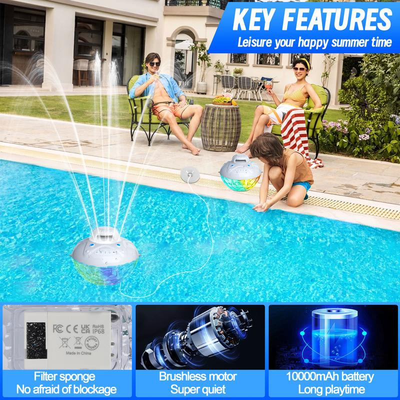 3 in 1 Bluetooth Pool Speaker with Pool Fountain Light, 10000Mah Floating Pool Speaker, IP68 Waterproof Hot Tub Speakers, Loud Sound, BT5.4,24H Playtime Rechargeable Pool Water Fountain, White