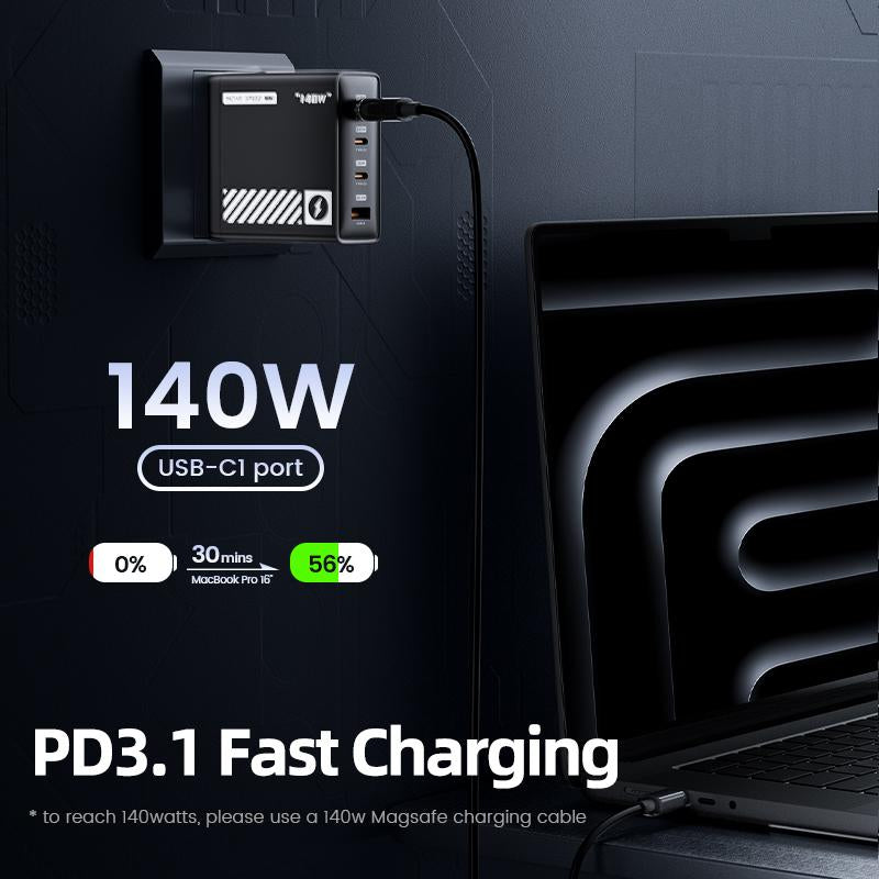 MOVE SPEED 140W USB C Charger PD3.1 Gan 4-Port Compact Laptop Wall Charger Foldable Plug 3Xusb-C Ports Fast Charging for Macbook Pro/Air, Iphone, Ipad Pro, Dell XPS Etc (With 140W Cable)