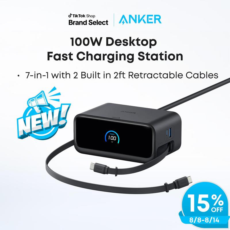 Anker Nano Charging Station, 7-In-1 USB-C Power Strip for Iphone 16, 2.3 Ft Anker Instacord Retractable Cable, 3 USB-C, 1 USB-A, 3 AC, 100W Fast Charging Desktop Accessory for Macbook, Home, Office