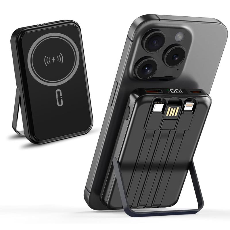 10000Mah Fast Charging Magnetic Power Bank W/ Stand and 3 Built-In Cables & Wireless Charging