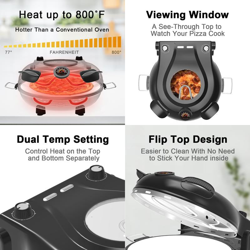 Countertop Pizza Ovens,12 Inch Electric Pizza Oven Indoor,1200W Portable Pizza Maker with Viewing Window, Indoor Pizza Oven Countertop,Pizza Maker Portable. Heats up to 800°F, Ideal for Home Use, Black