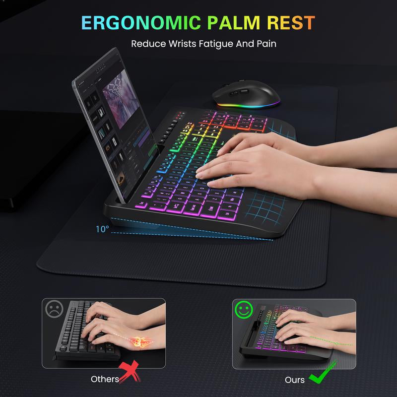 SABLUTE Wireless Keyboard and Mouse Combo, 9 Backlit Effects, Large Print, Wrist Rest, Phone Holder, 2.4G Lag-Free Ergonomic Keyboards, Rechargeable Easy to See Cordless Set for Computer, Laptop, PC