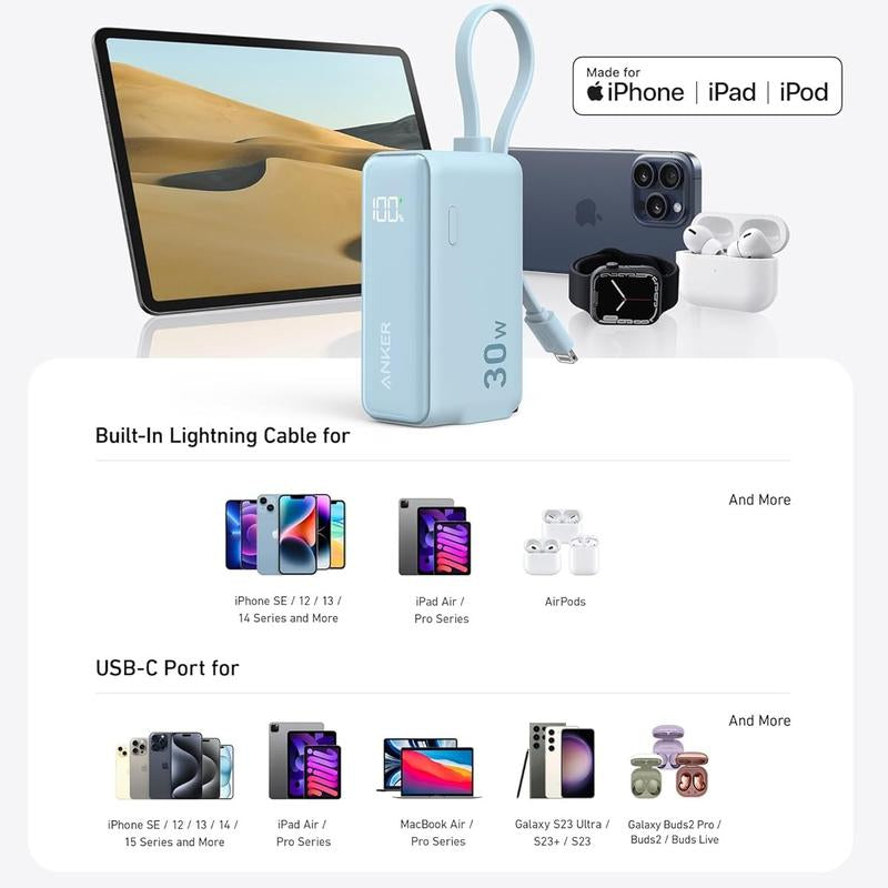 Anker 3-In-1 Power Bank 5,000Mah with Built-In Lightning Cable, Foldable AC Plug, 30W Max, Compatible with Iphone 14 Series, Ipad, Apple Airpods, and More