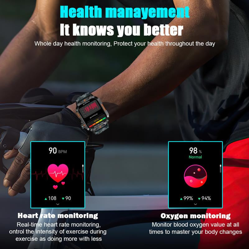 Military Smart Watch for Men, 1.52" HD Fitness with Flashlight Smartwatch with Answer/Make Call, Sport Watch with Heart Rate Spo2 Stress and Sleep Monitor Compatible with Iphone and Android Phones, Waterproof