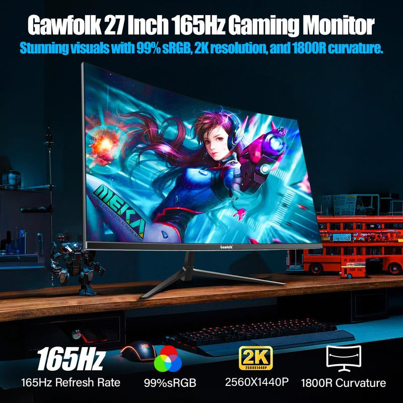 Rehisk 27'' 2K QHD 165Hz Curved Gaming Monitor - 2560P, 1Ms IPS Panel, Adaptivesync, Ultra-Thin Bezel, Tilt Adjustable