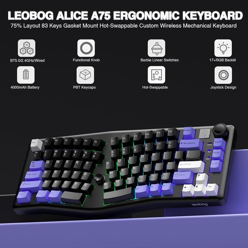 LEOBOG A75 75% Alice Keyboard, Wireless Gaming Keyboard with Knob and Joystick Design, Top Mount Mechanical Keyboard with Flex-Cut PCB, PC Plate, Magnetic Stands for Win/Mac