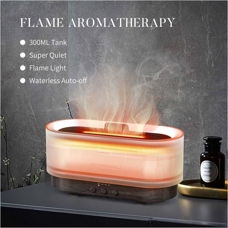 Sejoy Essential Oil Diffuser for Home Bedroom, 300Ml Cool Mist Humidifier with Flame Light, 6 Colors Changed, Dark Wood Grain