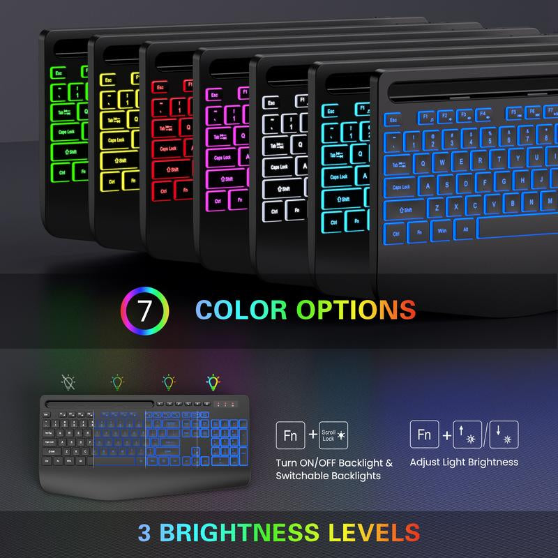 SABLUTE Wireless Keyboard and Mouse Combo, 9 Backlit Effects, Large Print, Wrist Rest, Phone Holder, 2.4G Lag-Free Ergonomic Keyboards, Rechargeable Easy to See Cordless Set for Computer, Laptop, PC