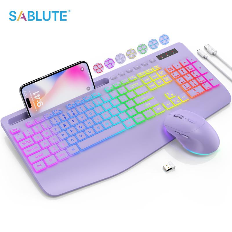 SABLUTE Wireless Keyboard and Mouse Combo, 9 Backlit Effects, Large Print, Wrist Rest, Phone Holder, 2.4G Lag-Free Ergonomic Keyboards, Rechargeable Easy to See Cordless Set for Computer, Laptop, PC