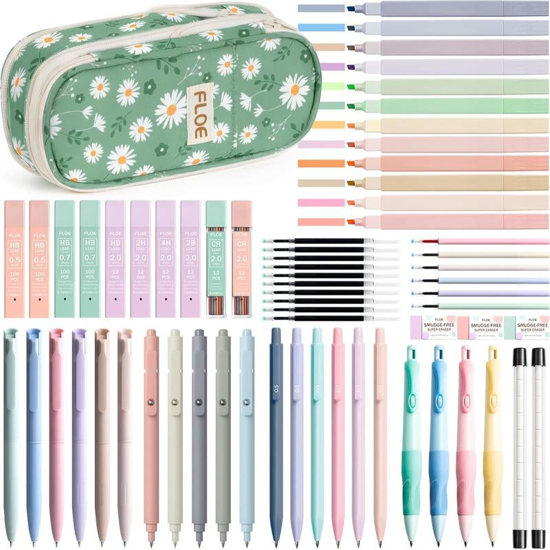 Aesthetic School Supplies with Cute Pencil Case, Pastel Highlighters Gel Pens Mechanical Pencils Set 0.5 0.7 & 2.0Mm, Office Back to School Supplies College Essentials Kit Student Stationary Set,Back to School Gift,Birthday'S Gift