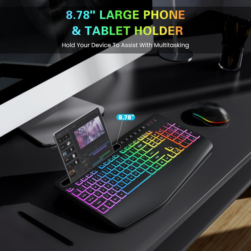 SABLUTE Wireless Keyboard and Mouse Combo, 9 Backlit Effects, Large Print, Wrist Rest, Phone Holder, 2.4G Lag-Free Ergonomic Keyboards, Rechargeable Easy to See Cordless Set for Computer, Laptop, PC
