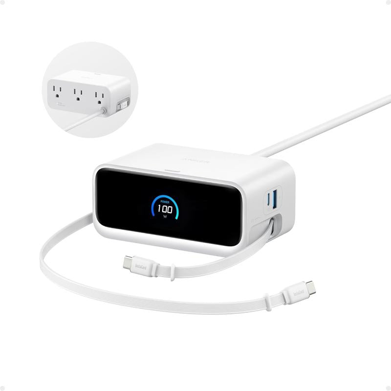 Anker Nano Charging Station, 7-In-1 USB-C Power Strip for Iphone 16, 2.3 Ft Anker Instacord Retractable Cable, 3 USB-C, 1 USB-A, 3 AC, 100W Fast Charging Desktop Accessory for Macbook, Home, Office