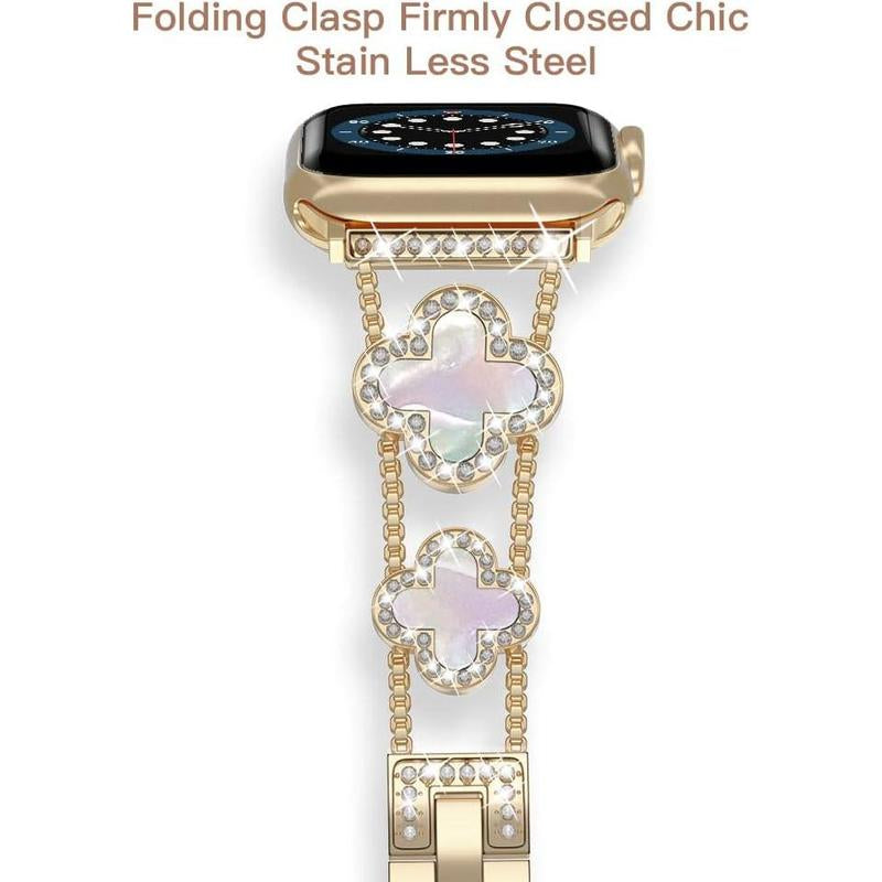 Four-Leaf Clover Diamond Metal Bands Add Sparkle to Your Watch for Apple Watch Series 10/9/8/7/6/5/4/3/2/1Se/Ultra Clover Simple and Stylish Compatible with 38Mm40Mm41Mm42Mm44Mm45Mm 46Mm49Mm Women'S Wear