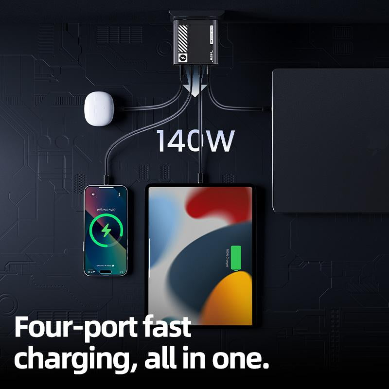 MOVE SPEED 140W USB C Charger PD3.1 Gan 4-Port Compact Laptop Wall Charger Foldable Plug 3Xusb-C Ports Fast Charging for Macbook Pro/Air, Iphone, Ipad Pro, Dell XPS Etc (With 140W Cable)