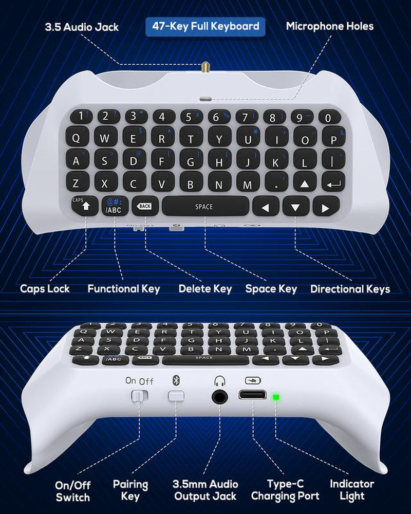 MENEEA Wireless Controller Keyboard for PS5, Bluetooth 3.0 Mini Portable Gamepad Chatpad with Built-In Speaker & 3.5MM Audio Jack for Playstation 5 Voice Chat Board for Messaging and Gaming Live Chat Console Smartphone