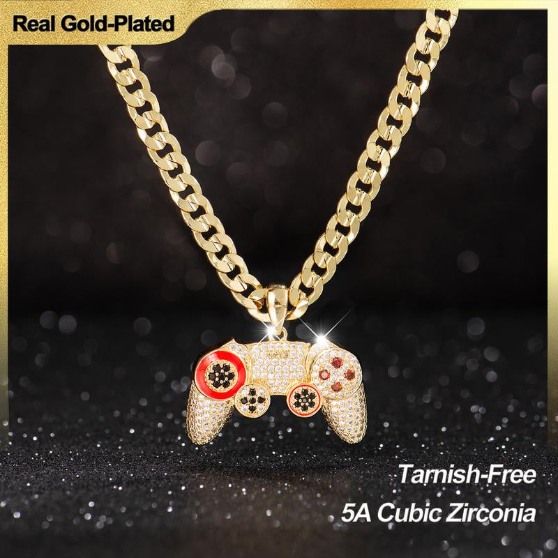 Holylegend 14K Real Gold-Plated Game Controller Necklace, Sony-Inspired CZ Diamond Pendant, 24" Rope & Cuban Chain, Hip Hop Jewelry Gift for Playstation Fans