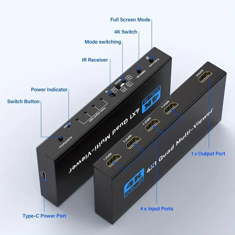 4 PORT HDMI Quad Multi-Viewer 4 in 1 Out HDMI Switcher 1080P HDMI Seamless IR Control 3D Support 5 Modes for PC/STB/DVD Accessories HDMI To