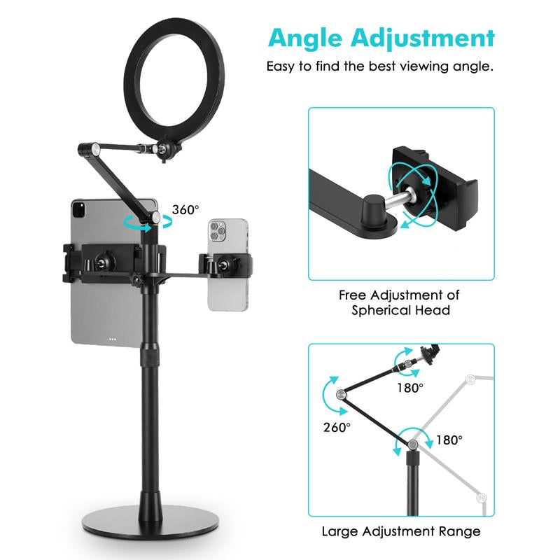 Viozon 3-In-1 Selfie Desktop Live Stand, Height Adjustable/Overhead, 8" LED Ring Light, Compatible with 3.5-13" Tablet& Phone, Suitable for Youtube/Tiktok/Recording/Streaming/Online Meeting 3In1 Phonestand Ipad Mounting Options Office Gadgets Mount