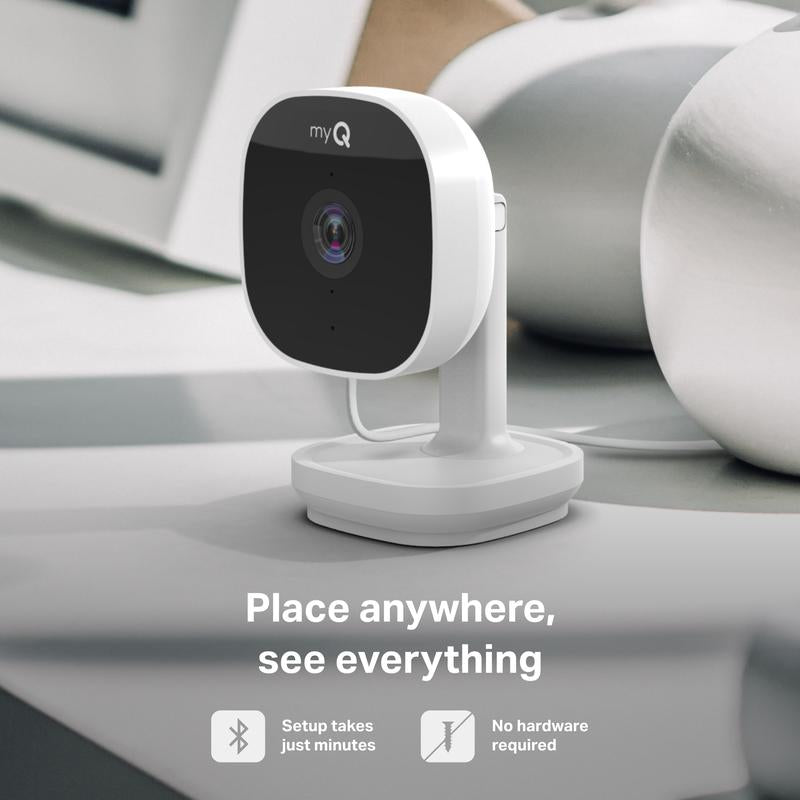 Myq Smart Indoor Security Camera – 1080P HD Video, Night Vision, Motion Detection, Wi-Fi, Two-Way Audio, Smartphone Control Lens