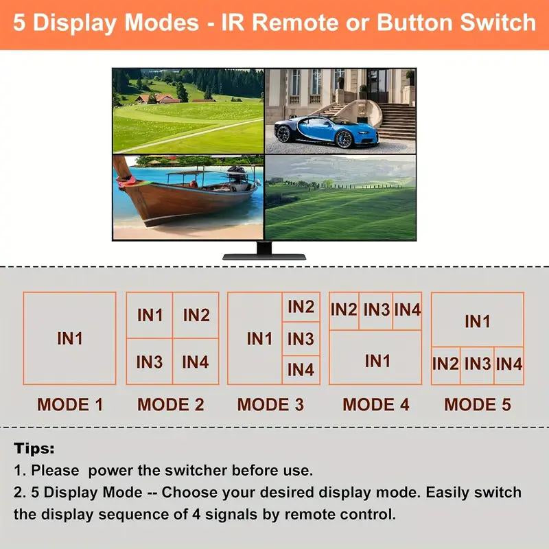 4 PORT HDMI Quad Multi-Viewer 4 in 1 Out HDMI Switcher 1080P HDMI Seamless IR Control 3D Support 5 Modes for PC/STB/DVD Accessories HDMI To