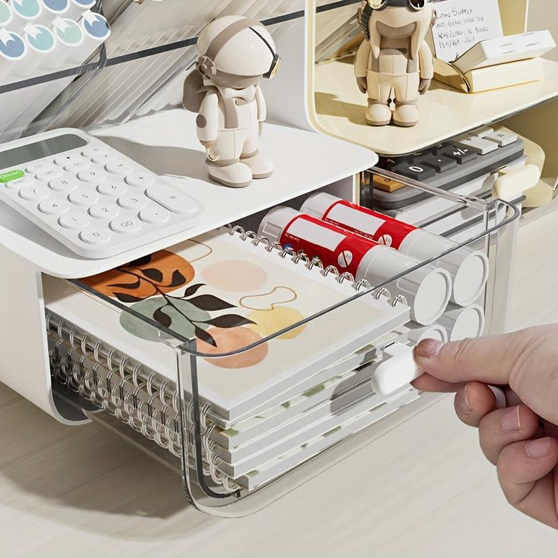 Modern Plastic Desktop Storage Box with Drawer, Multi-Compartment Pen Holder, Desk Organizer for Office Home School Student Teacher