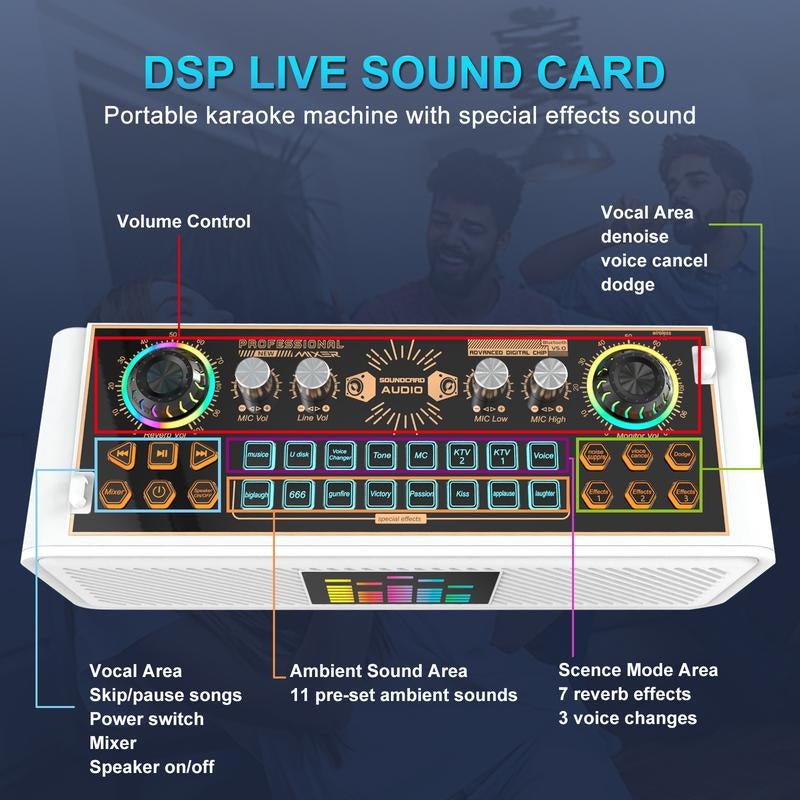 Hosabely Karaoke Machine Bluetooth Speaker Sound Card with Single Microphone, Portable Party Karaoke Machine for Adults Kids with DJ Lights, PA System Best Gift for All Powered Mixers Audio Smartphone
