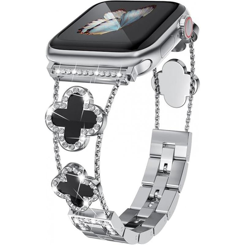 Four-Leaf Clover Diamond Metal Bands Add Sparkle to Your Watch for Apple Watch Series 10/9/8/7/6/5/4/3/2/1Se/Ultra Clover Simple and Stylish Compatible with 38Mm40Mm41Mm42Mm44Mm45Mm 46Mm49Mm Women'S Wear