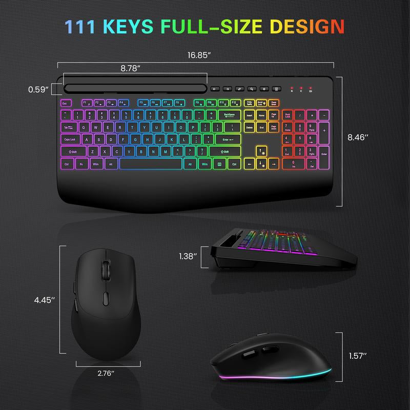 SABLUTE Wireless Keyboard and Mouse Combo, 9 Backlit Effects, Large Print, Wrist Rest, Phone Holder, 2.4G Lag-Free Ergonomic Keyboards, Rechargeable Easy to See Cordless Set for Computer, Laptop, PC