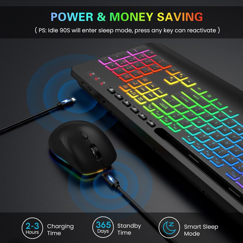 SABLUTE Wireless Keyboard and Mouse Combo, 9 Backlit Effects, Large Print, Wrist Rest, Phone Holder, 2.4G Lag-Free Ergonomic Keyboards, Rechargeable Easy to See Cordless Set for Computer, Laptop, PC