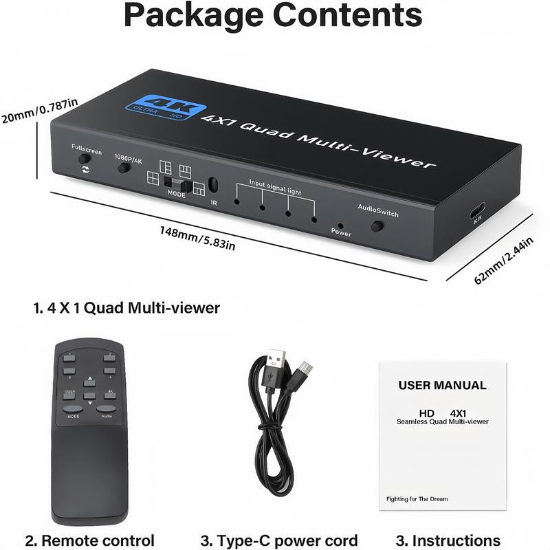 4 PORT HDMI Quad Multi-Viewer 4 in 1 Out HDMI Switcher 1080P HDMI Seamless IR Control 3D Support 5 Modes for PC/STB/DVD Accessories HDMI To