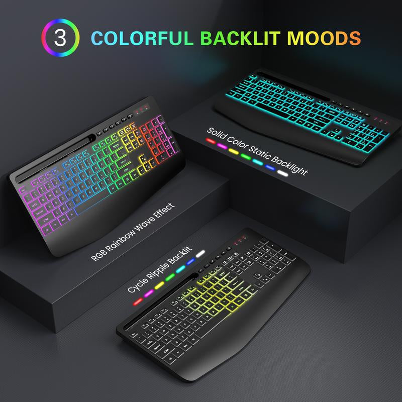 SABLUTE Wireless Keyboard and Mouse Combo, 9 Backlit Effects, Large Print, Wrist Rest, Phone Holder, 2.4G Lag-Free Ergonomic Keyboards, Rechargeable Easy to See Cordless Set for Computer, Laptop, PC
