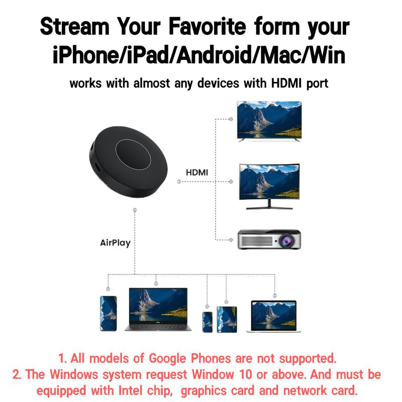Wireless Screen Projector HD TV Monitor Portable Mobile Phone Connection TV Monitor HD Wireless 5G 4K Horizontal and Vertical Screen Connector Wireless HDMI Display Dongle Adapter Digital Products Smartphone