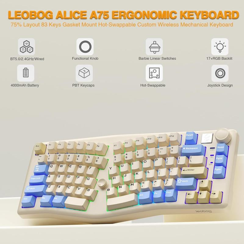 LEOBOG A75 75% Alice Keyboard, Wireless Gaming Keyboard with Knob and Joystick Design, Top Mount Mechanical Keyboard with Flex-Cut PCB, PC Plate, Magnetic Stands for Win/Mac