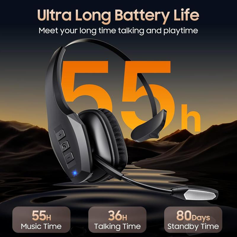 Bytewaveshop Trucker Bluetooth Headset, Wireless with Mic,Bluetooth Headset with Dual Noise Cancelling Microphone & Mute Button, 55Hrs Working Time PC Headset for Cell Phones, Computer, Truck Driver Audio Headphone