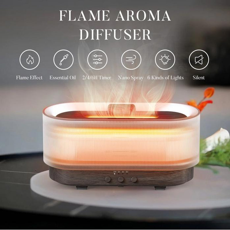 Sejoy Essential Oil Diffuser for Home Bedroom, 300Ml Cool Mist Humidifier with Flame Light, 6 Colors Changed, Dark Wood Grain