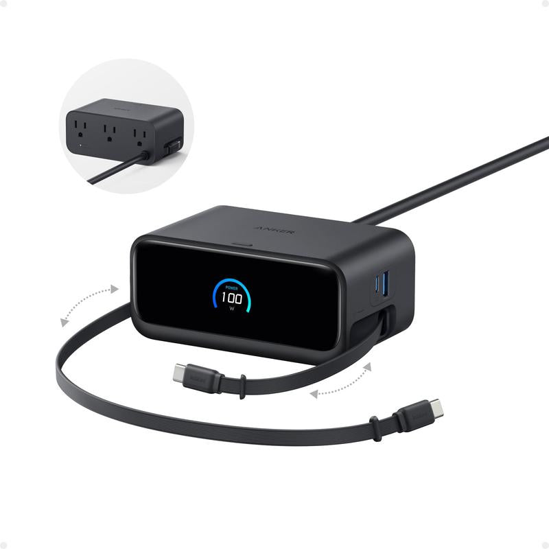 Anker Nano Charging Station, 7-In-1 USB-C Power Strip for Iphone 16, 2.3 Ft Anker Instacord Retractable Cable, 3 USB-C, 1 USB-A, 3 AC, 100W Fast Charging Desktop Accessory for Macbook, Home, Office