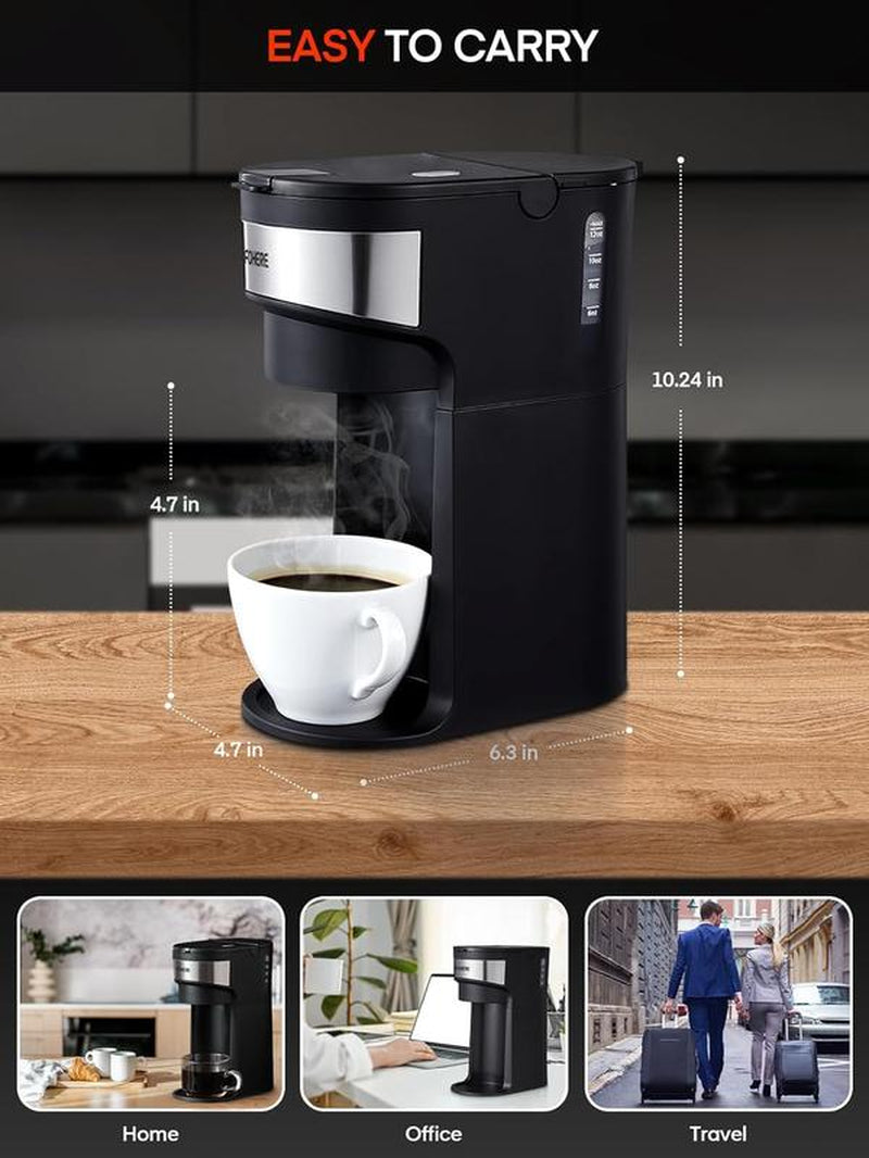 FOHERE Coffee Maker, Single Serve Iced and Hot Coffee Brewer for K Pod & Ground Coffee, 90S Fast Brewing, 6 to 14 Oz Brew Sizes, 1000W Water Window and Descaling Mode